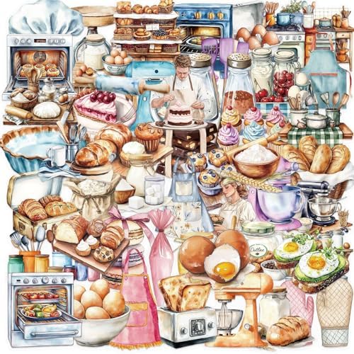 50 Pcs PET Transparent Baking Stickers, Waterproof Vinyl Bakery-Themed Decals for Laptop Skateboard Luggage, Watercolor Baking Supplies Stickers Gift for Kids Teens Adults(Baking)