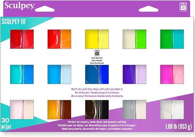 Sculpey III: Polymer Clay: Sampler Pack - (30) 1oz - Oven Bake Clay, 30 Colors, Non-Toxic, Sculpting, Create Jewelry & Crafts Projects, Art Supplies | Non-Toxic Modeling Clay for Jewelry & Crafts; Soft Texture stays Pliable until Baked in Home Ovens; G...