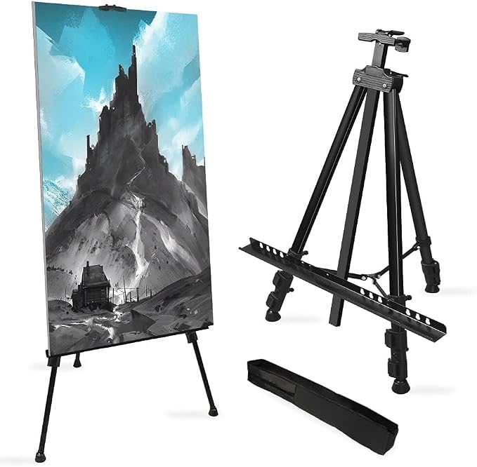 RRFTOK 72 in Art Easel Stand, Adjustable Metal Tripod, Dual-Layer | Dual-layer supports canvas or signs at two heights; adjusts up to 72 in with spring clip and reinforced chain for stability.