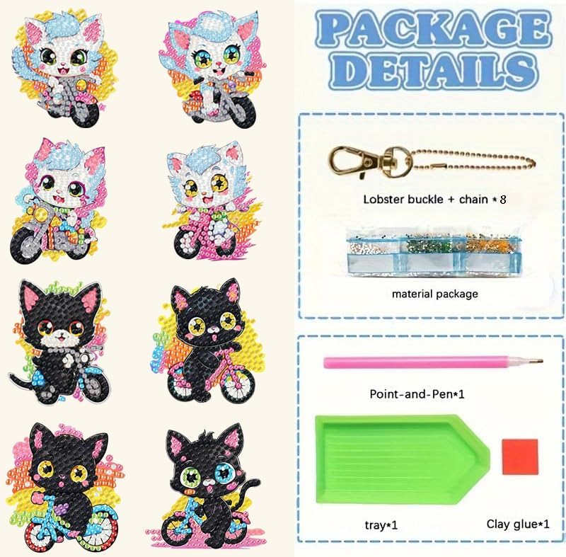 Masendp 8 Pieces Diamond Painting Keychain Animal Cat Style Diamond Art Jewelry Double-Sided 5D Diamond Painting Kit for Beginners Adult DIY Art Craft Gifts Home Decor for cat Lovers Best Gifts