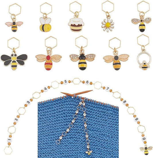 BENECREAT 11Pcs Bee Stitch Marker Charms, Honey Pot Daisy Enamel Charm Locking Stitch Markers, Acrylic Number Knitting Row Counter Chains with Hexagon Ring for Knitting Weaving Sewing Accessories