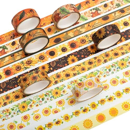 Sunflower Washi Tape Set 10 Rolls Floral Print Decorative Sun Flowers Masking Tapes for Arts, DIY Crafts, Journals, Planners, Scrapbook, Wrapping