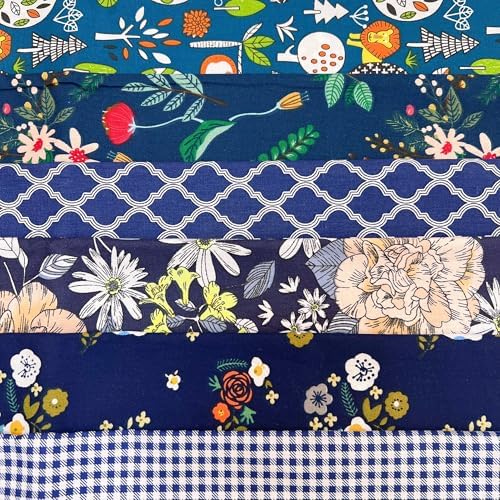 Cotton Fabric DIY Making Supplies Quilting Patchwork Fabric Fat Quarter Bundles DIY for Quilting Cotton Patchwork Cushions (Navy Flowers, 20" x 20")
