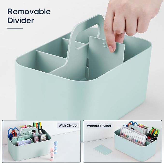 Multiuse Caddy Organizer with Handle, Portable Divided Plastic Tote Bin - Art Craft, Stationary Pen Marker Crayons, Makeup Hair Supplies Storage - Bathroom, Classroom, Dorm, Office, Desk Holder - Mint
