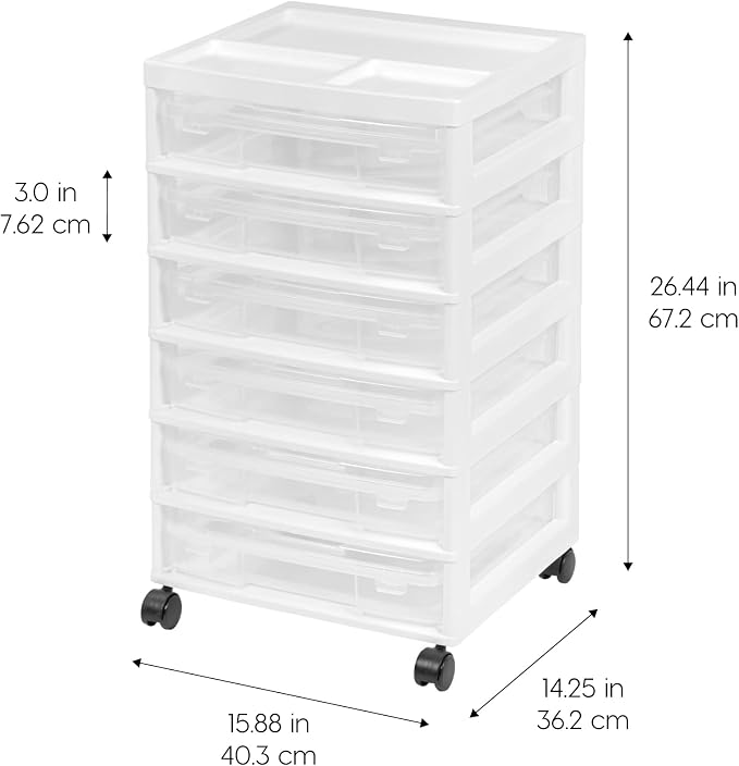 IRIS USA Rolling Cart with Drawers |Made in USA| 6-Tier Cases - White/Clear