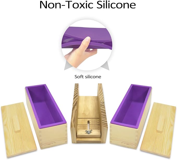Artcome Loaf Soap Making Cutting Mold Kit 2Pcs 42oz Rectangular Silicone Soap Mold, 2Pcs Wooden Box with Lid, Adjustable Wooden Soap Cutting Tool with Stainless Steel Wavy & Plastic Straight Cutter