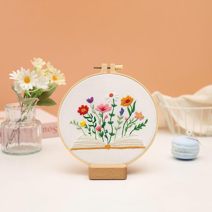Louise Maelys Book & Flowers Embroidery Kit for Beginners Decor Craft Gift | Needlepoint Kit with Pre-Printed Fabric, Hoop, Needles, Color Threads & Detailed Guide, DIY Cross Stitch Kits for Women