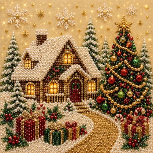 LJSCQF DIY Christmas Pearl Diamond Painting Art Kit with Frame, Home Wall Decor Art Craft Kit, Holiday Christmas Wall Decor, Handmade Home Decoration Gift (Village, 12x12in)