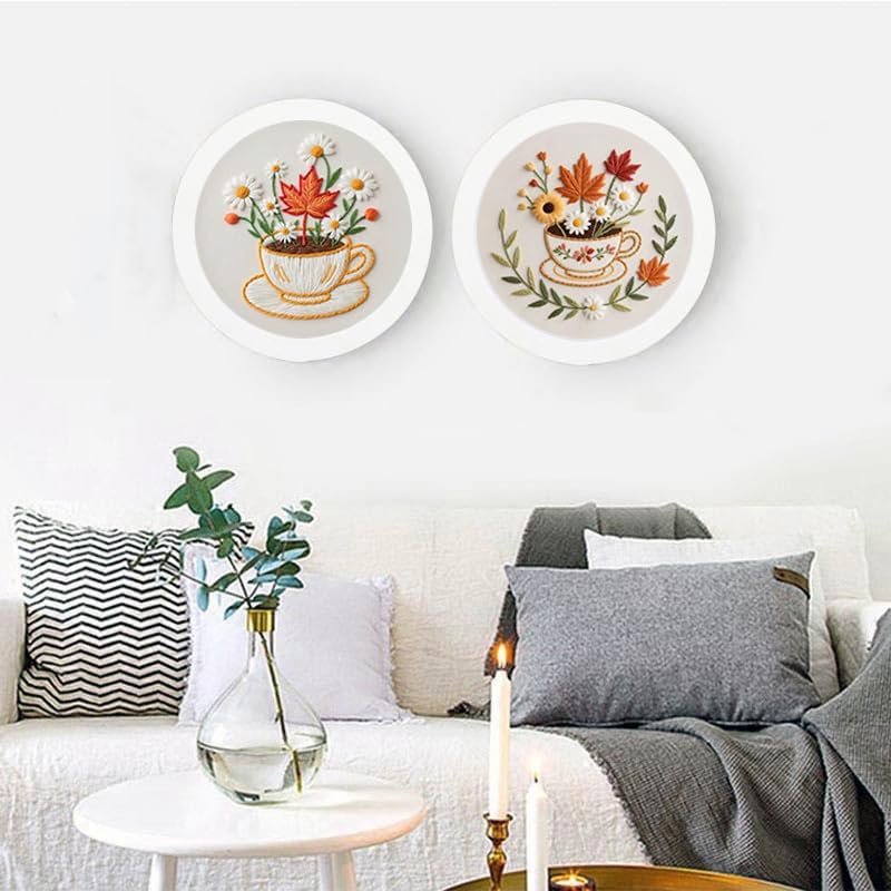 Konrisa Flower Cup Embroidery Kits for Adults,Creative Floral Embroidery Starter Kit DIY Sewing Practice with Hoop,Needlepoint Cross Stitch Kit, Set of 2