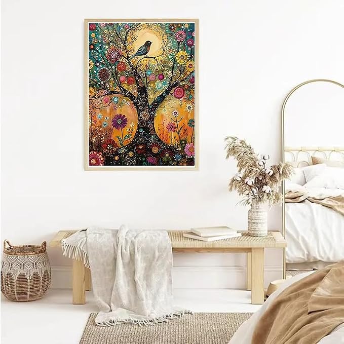 YUXUANKANG Diamond Painting Kit, Bird on Floral Tree, 12x16 Inch, Resin, DIY Craft Activity, Adult