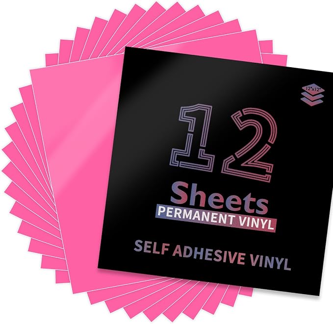 Lya Vinyl 12 Pack Glossy Hot Pink Permanent Vinyl, 12"x12" Self Adhesive Vinyl Sheets for Decor Sticker, Party Decoration, Craft Projects