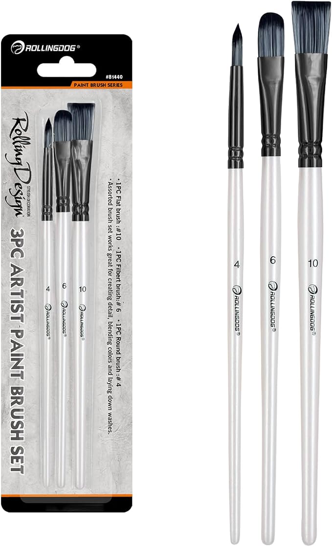 ROLLINGDOG 3PC Artist Paint Brush Set | Flat brush #10,,Filbert brush #6,Round brush #4