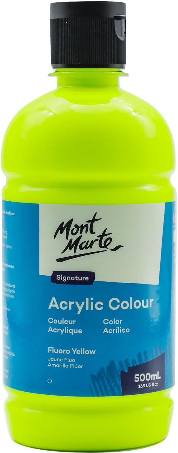 Mont Marte Signature Fluoro Yellow Acrylic Paint, 16.9oz (500ml), Semi-Matte Finish, 12 Colors, Suitable for Canvas, Wood, Fabric, Leather, Cardboard, Paper, MDF and Crafts