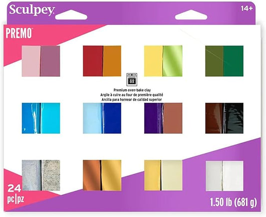 Sculpey Premo 24 Color Sampler, Polymer Oven-Bake Clay for Jewelry Making | Premium non-toxic modeling clay kit. Includes 1lb 8oz assortment of multi-color packs for professional artists and DIY