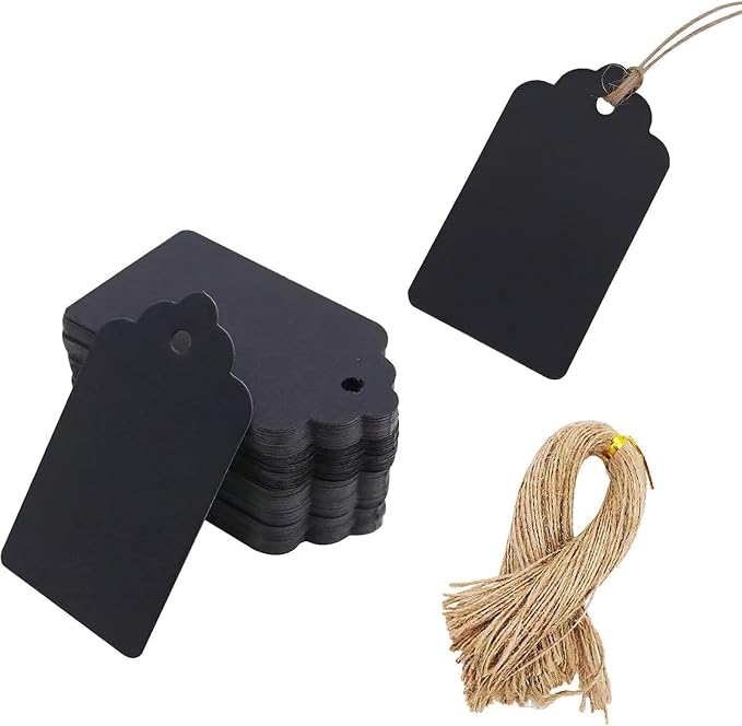 SALLYFASHION 100PCS Gift Tags with String Attached, 1.5X2.8 inch Black | Gift Tags Paper Black Labels for Clothes, DIY Crafts Wedding Holiday