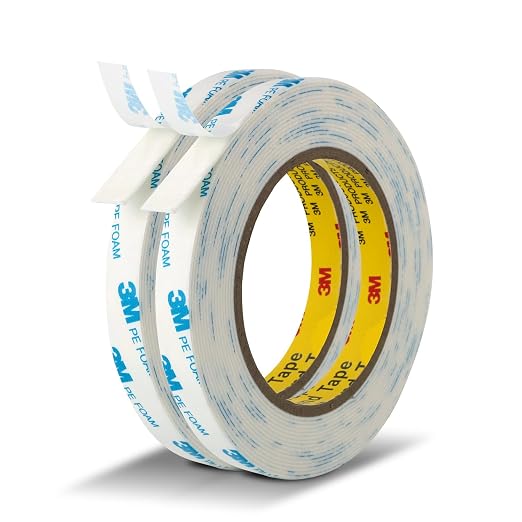 3M Double Sided Tape, 1/2" x 18Ft Foam Tape, 1600T, White, 2 Pack