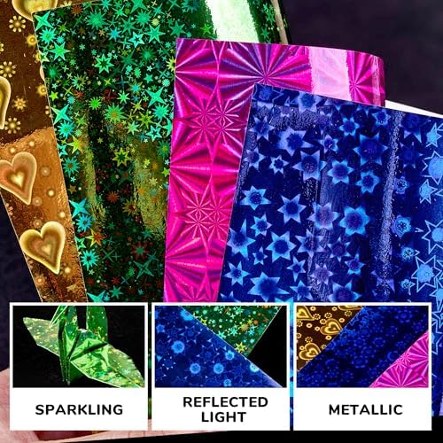 JoyCat Iridescent Laser Origami Paper, 50 Holographic Sheets, 6x6 Inch | Holographic sheets shift color in the light for eye-catching origami, gift wrapping, cards, party decor and metallic crafts.