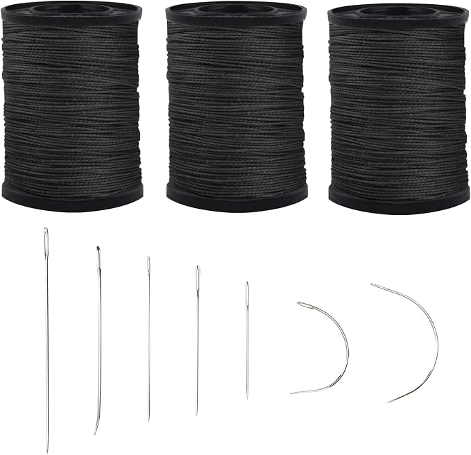 Topus Extra Strong Upholstery Repair Sewing Thread Kit and Heavy Duty Household Hand Needles, Including 7 Styles of Leather Canvas Sewing Needles and 3 Rolls Nylon Thread (70 Yard of Each Roll), Black