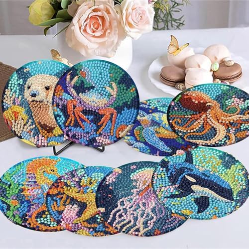 8 Pack Diamond Art Coasters,Ocean animal Diamond Painting Coasters Kits