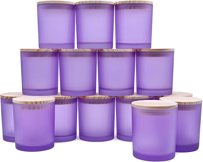 SHOWIN 10 OZ Thick Candle Jars for Making Candles 15 Pcs, Empty Jars with Wood Lids for Candle Making, Sample Container, Frosted Purple