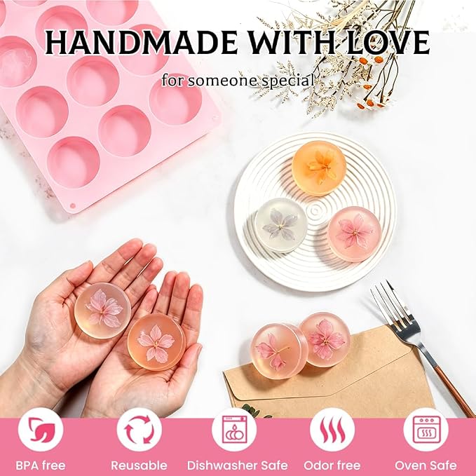 SJ Round Soap Mold Set, 2-Pack 12-Cavity Silicone Soap Molds | For Soap Making, Bath Bombs, Shower Steamers, Lotion Bars & Loofah Soap, Food Grade Silicone, Easy Release, Reusable