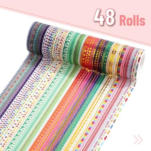 Mr. Pen- Skinny Washi Tape Set, 48 Rolls, Gold Foil Print, 3mm Wide | 5.5 Yards/Roll, Washi Tape for Scrapbook, Arts, Crafts, Journals and Planners