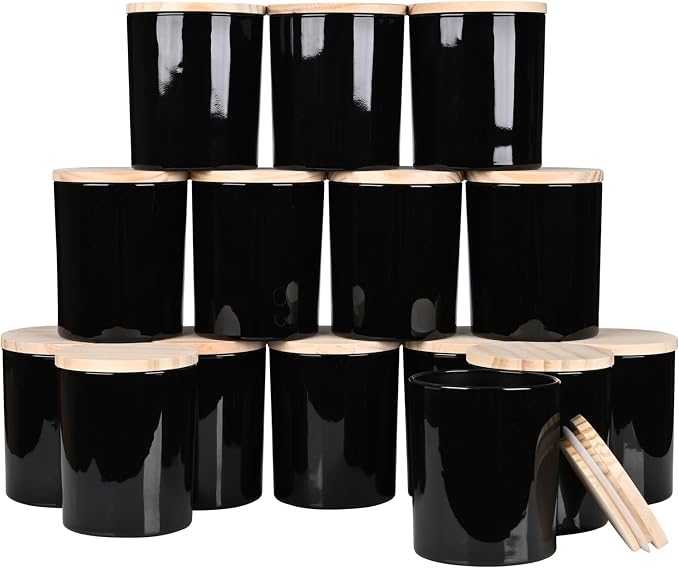 SHOWIN 10 OZ Thick Candle Jars for Making Candles 15 Pcs, Empty Jars with Wood Lids for Candle Making, Sample Container, Glossy Black