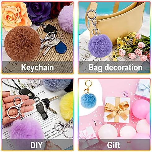 BQTQ 18 Pieces Pom Pom Keychains Rabbit Faux Fur Balls with Silvery Hooks