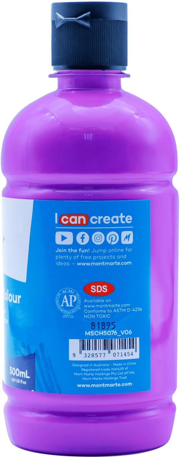 Mont Marte Signature Fluoro Purple Acrylic Paint, 16.9oz (500ml), Semi-Matte Finish, 12 Colors, Suitable for Canvas, Wood, Fabric, Leather, Cardboard, Paper, MDF and Crafts