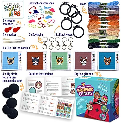 Cats Cross Stitch Kits for Kids - 5 Stamped Beginner Needlepoint Sets