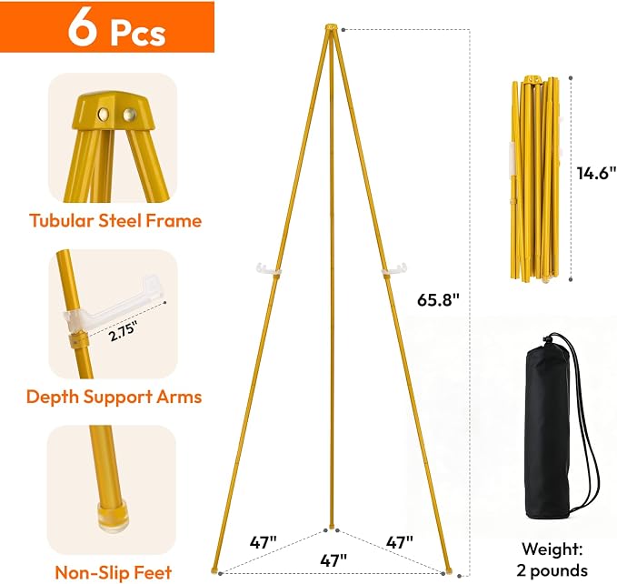 JEAWIWI 6 Pcs Lightweight Easel Stand, 66 Inch, Gold, with Portable Bags | Adjustable Folding Metal Easel Stand for Wedding Sign, Display Show, Art Show, Poster Display