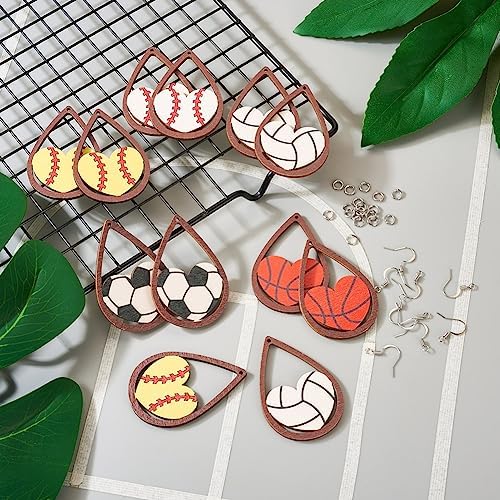 20pcs Sport Ball Earring Making Kits Football Basketball Rugby Wooden Charms 5 Styles Sport Ball Earring Pendants with Ear Hooks Jump Rings for DIY Jewelry Hanging Ornament Making