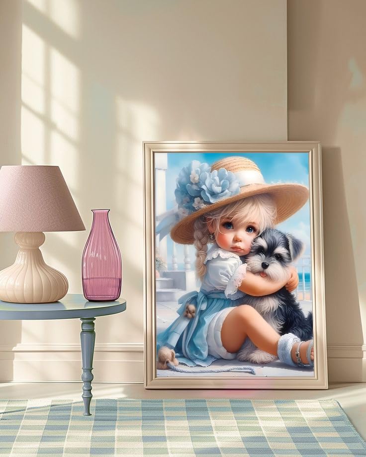 GEWOUVIN Girl and Dog Diamond Art Kits for Adults,Diamond Painting Kits for Adults Beginners,Seaside DIY Full 5D Round Drill Gem Art Kits for Gift Home Wall Decor【11.8x15.7inch】