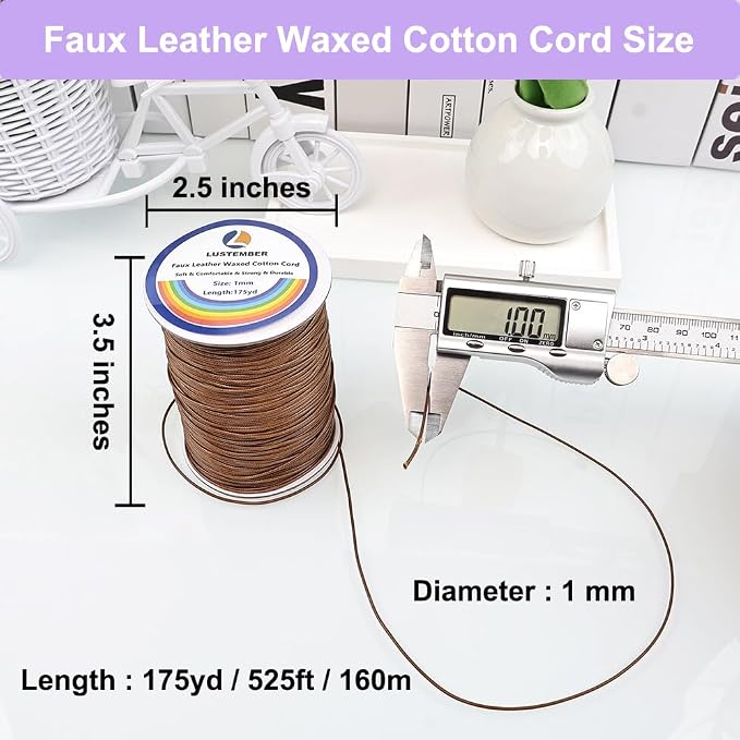 LUSTEMBER 1mm Faux Leather Waxed Cotton Cord, 175 Yards – Durable Necklace String, Soft and Textured Cord for Necklaces, Bracelets, and Jewelry Making