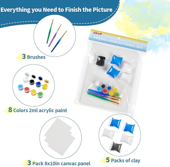 DIY Canvas Painting Kit with Clay, 3 Blank 8x10 Inch Canvas Panels, 5 Packs of Clay, 8 Vibrant Acrylic Paint Colors, and 3 Brushes, Creative Art Kit for DIY Projects & Crafting Fun