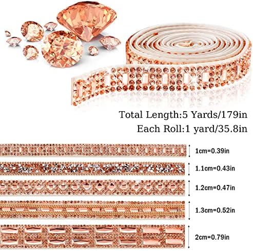 Xinnun 5 Rolls Rhinestone Ribbon,Champagne Gold,0.59 Inch,Mixed Style