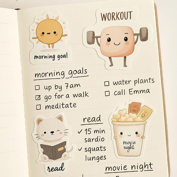 250 Pcs Planner Stickers, Kawaii Cute Daily Life Self-Care Stickers for Calendar Notebook Diary Bullet Journal Scrapbook, 7 Sheets