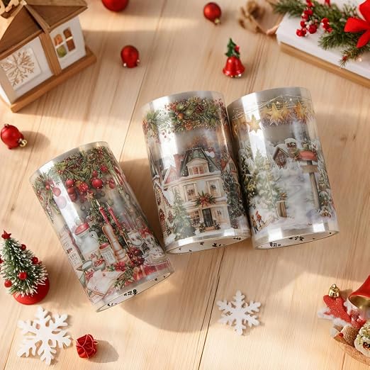 3 Rolls Christmas Washi Tape Set, 65mm x 2m PET Scrapbook Tape Christmas Stickers for Scrapbooking Supplies Winter Xmas Landscape Washi Tape Scrapbook Stickers for Journaling Washitape Masking Tapes