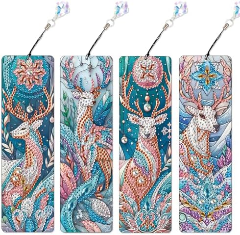 4 Pack DIY Diamond Painting Bookmarks, Special Shaped Deer Design Handmade Crystal Rhinestone Bookmark Kits with Tassel, Sparkling Art Bookmark for Reading Enthusiasts