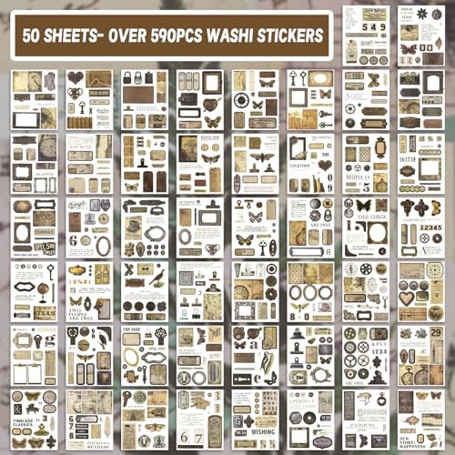 595Pcs Vintage Washi Stickers for Junk Journaling | 50 Sheets pre-cut dark academia ephemera in a portable booklet. No-residue washi material perfect for DIY scrapbooks