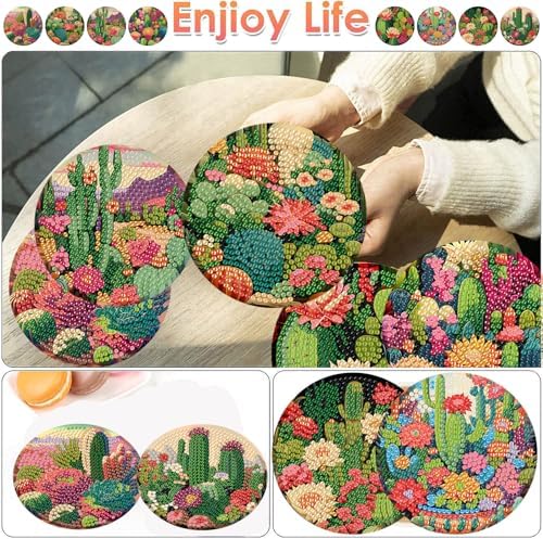ijbnhd 8 Pcs Cactus Diamond Art Coasters Kit Diamond Painting Coasters