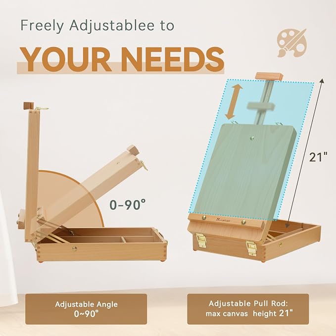 Tabletop Art Easel for Painting, Wooden Sketchbox, Portable Desktop Easel | Portable Art Easel for Beginners Professionals, Adjustable Height, Storage Compartments, Gift for Student Artist Beginner