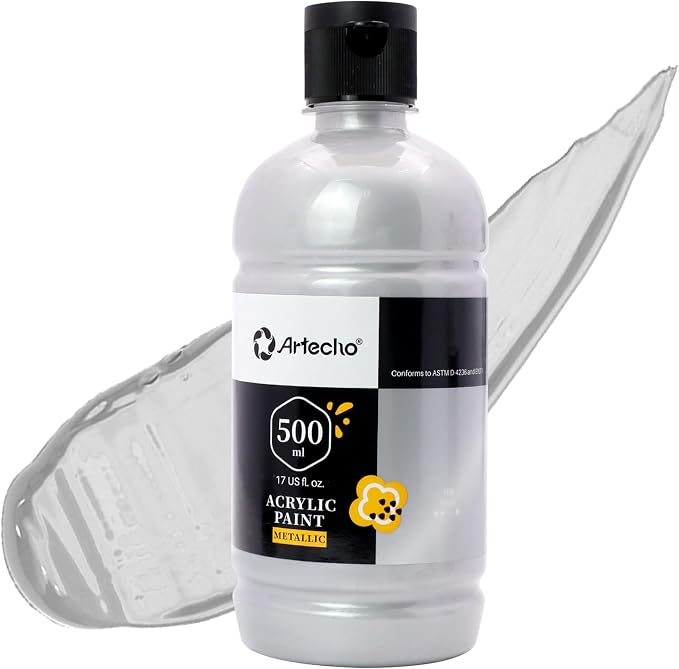 Artecho Silver Acrylic Paint 500ml / 17oz Large Bottle