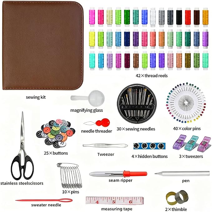 Obear Sewing Kit for Adults: 170 Pcs Sewing Supplies for Hand Mending Clothes, Emergency Repair for Home Travel Dorm, Brown (Gift for Mom, Grandma, Students)