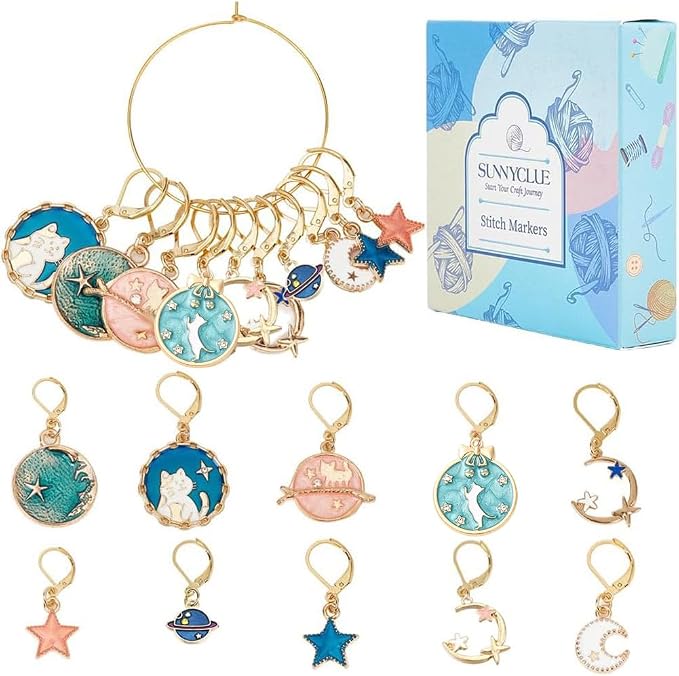 SUNNYCLUE 1 Box 20Pcs Stitch Markers Crochet Stitch Marker Cute Planet Moon Star Enamel Charms Clip On Removable Lobster Clasp Zipper Pull Charm Locking Knitting Markers for Weaving Sewing Quilting