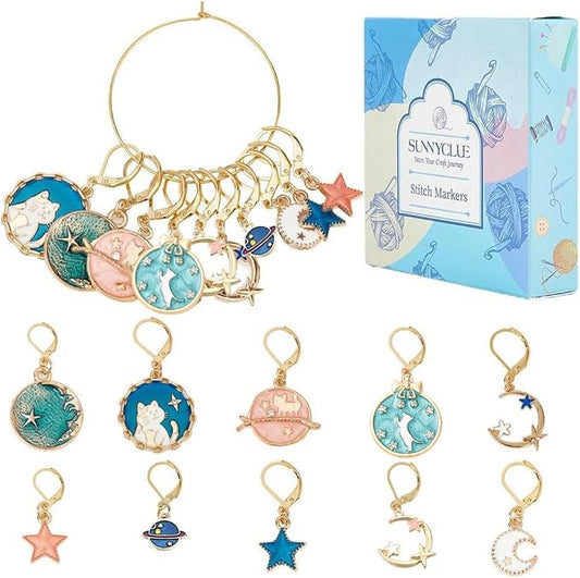 SUNNYCLUE 1 Box 20Pcs Stitch Markers Crochet Stitch Marker Cute Planet Moon Star Enamel Charms Clip On Removable Lobster Clasp Zipper Pull Charm Locking Knitting Markers for Weaving Sewing Quilting