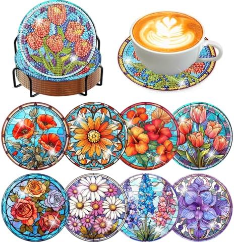 Meothan 8 Pcs Flowers Diamond Art Coasters Kit for Adults with Holder 4x4in