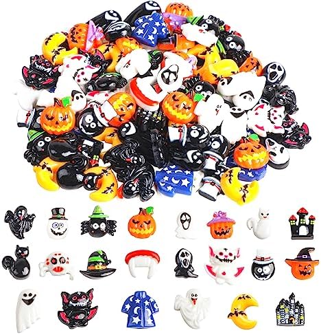 FOIMAS Halloween Resin Flatback Charms,100pcs Pumpkin Ghost Spider Embellishment Resin Miniatures for Halloween Ornament Supply