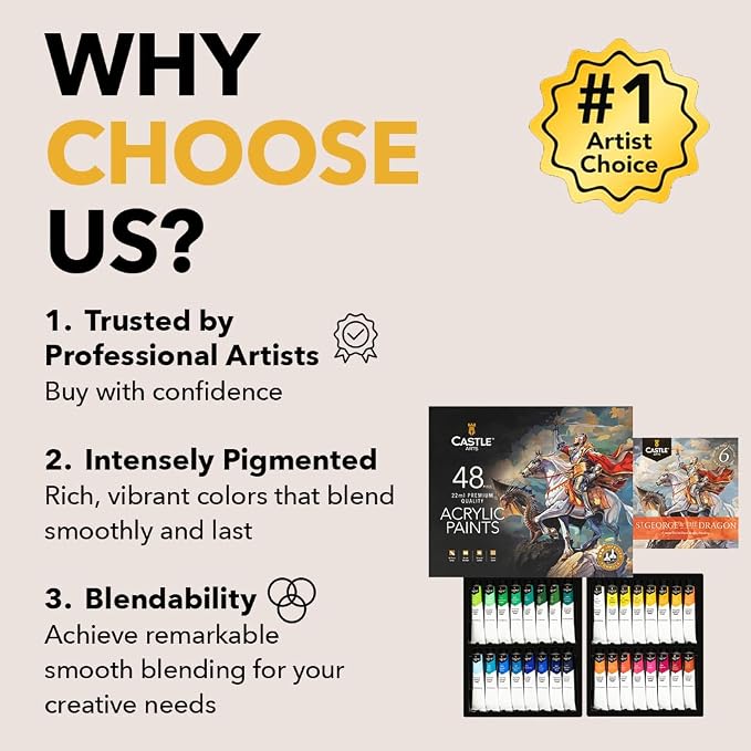 Castle Art Supplies 48 X 22ml Acrylic Paint Set - New Improved Formula | Richer, smoother intense colors for beginners and adult artists - all-inclusive set in an impressive presentation box