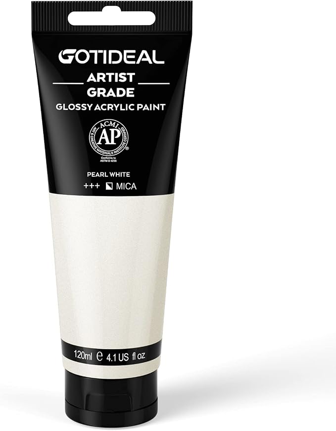 GOTIDEAL Metallic Acrylic Paint Pearl White Tubes(120ml, 4.1 oz) | Non Toxic, Non Fading, Rich Pigments,for Painters, Adults & Kids,Ideal for Canvas Wood Clay Fabric Ceramic Craft Supplies